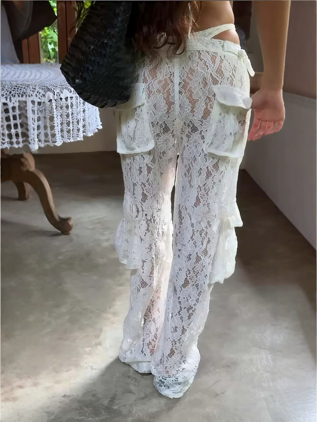 Women’s Lace Cargo Pants – Sheer Wide Leg Cover Up Pants