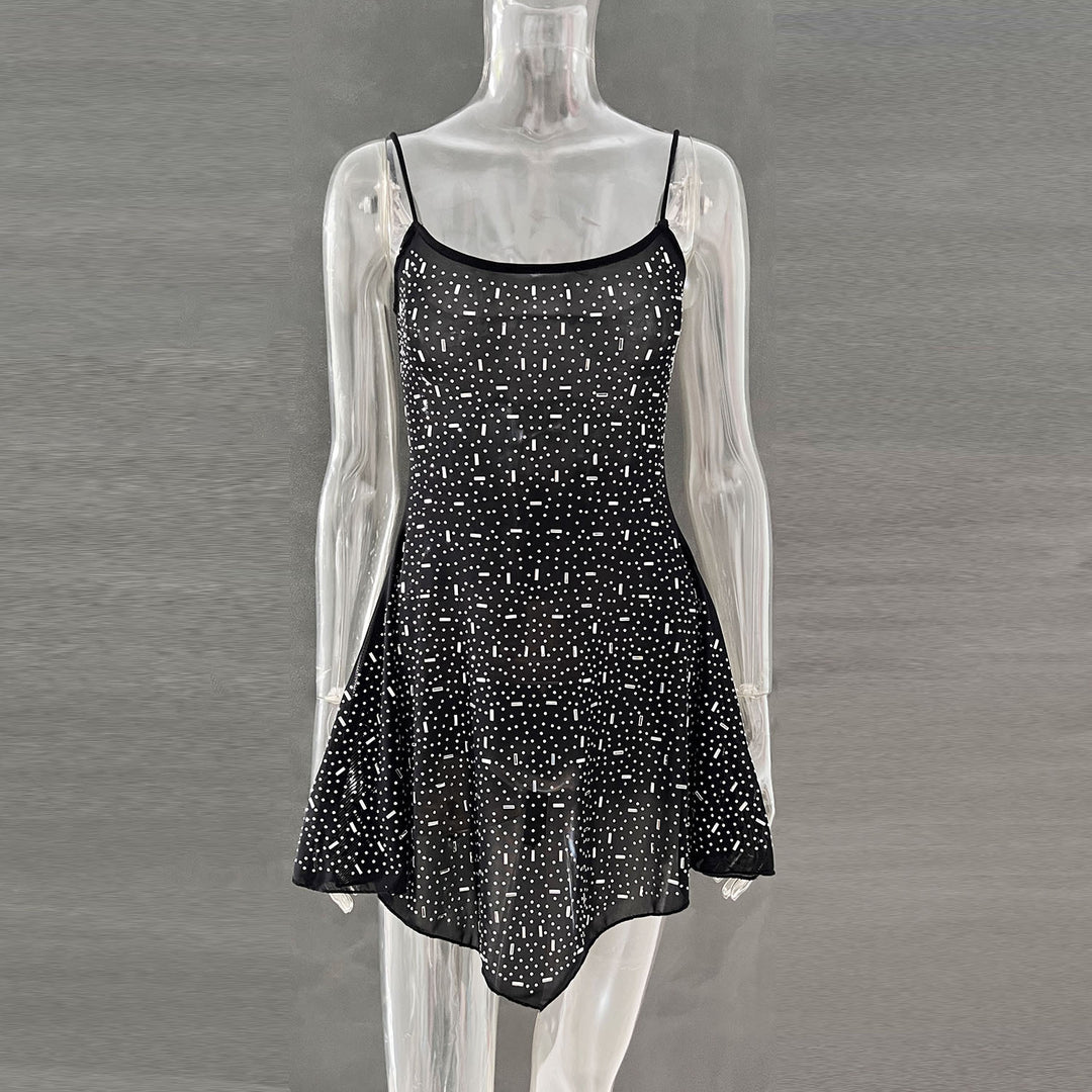 Sexy Rhinestone Sheer Mini Dress for Women – Spaghetti Strap Sparkly Party Outfit