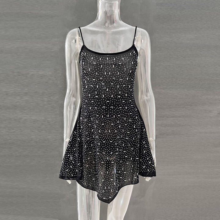 Sexy Rhinestone Sheer Mini Dress for Women – Spaghetti Strap Sparkly Party Outfit