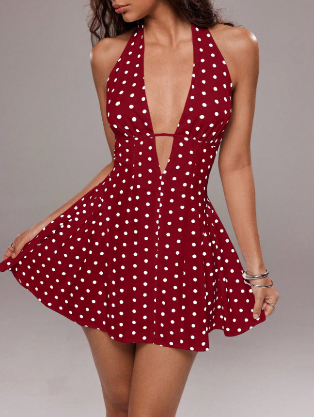 Women’s Polka Dot Halter Backless Mini Dress