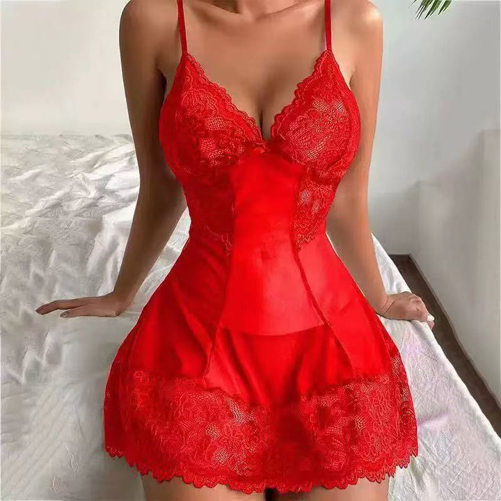 Sheer Mesh Lace Bodycon Nightdress – Bow Detail Slim Fit Cami Sleep Dress for Women