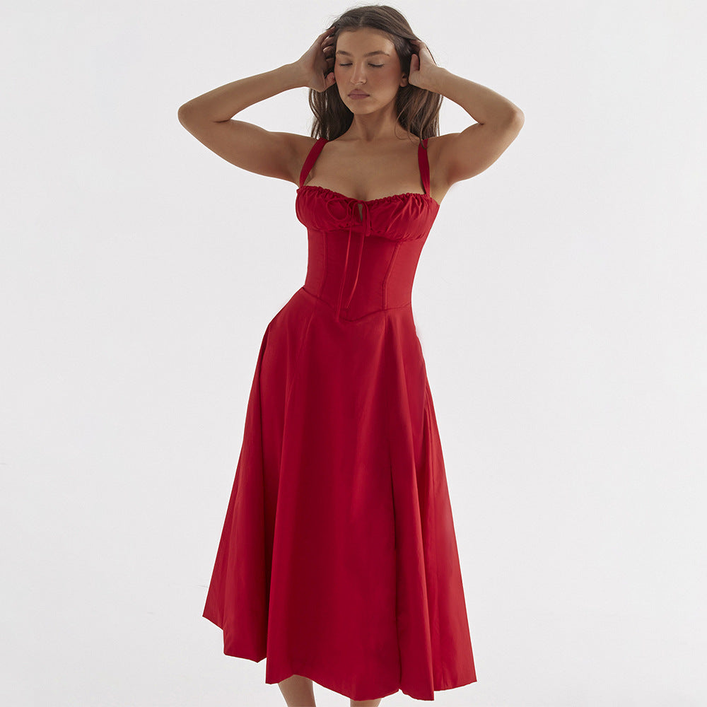 French Style Tie Waist Maxi Dress – A-Line Slit Spaghetti Strap Summer Dress for Women