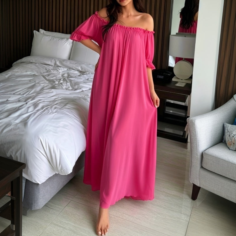 Sheer Mesh Maxi Nightdress – Ruffle Shoulder Elegant Sleep Dress for Women