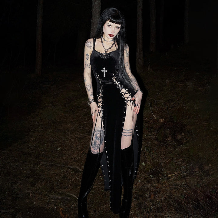 Dark Gothic Maxi Dress – Lace-Up High Slit Bodycon Dress