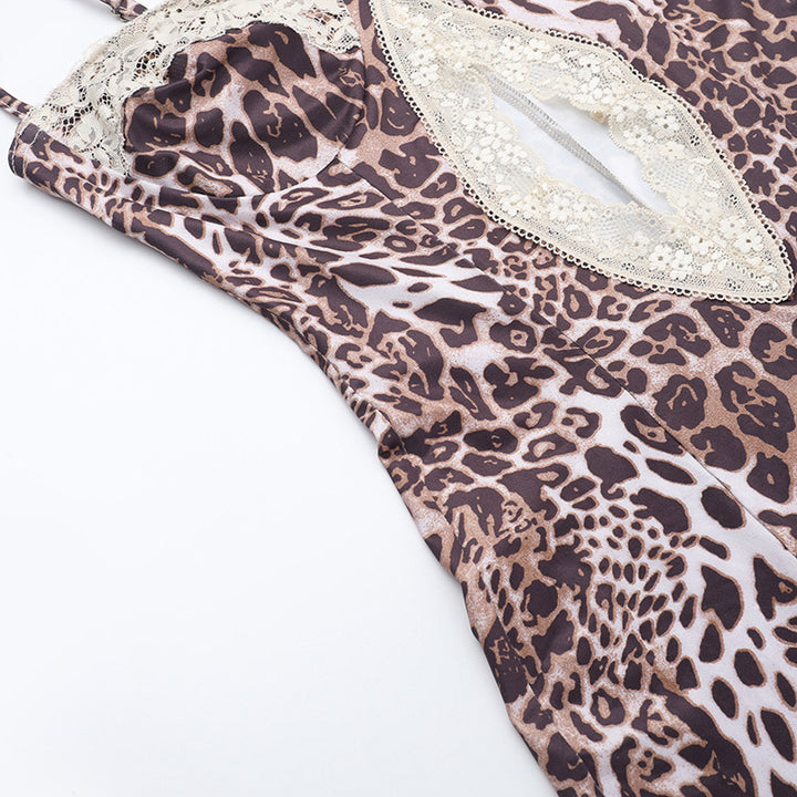 Leopard Print Lace Maxi Dress – Cutout Split Hem Bodycon Dress for Women