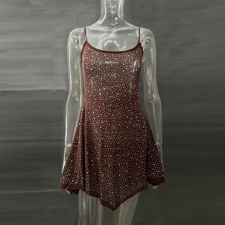 Sexy Rhinestone Sheer Mini Dress for Women – Spaghetti Strap Sparkly Party Outfit