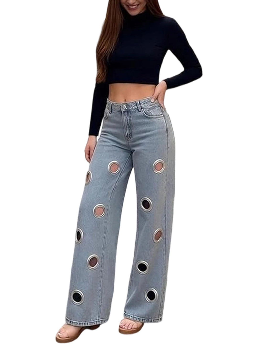 Street Style Jeans – Grommet Detail Straight Leg Denim