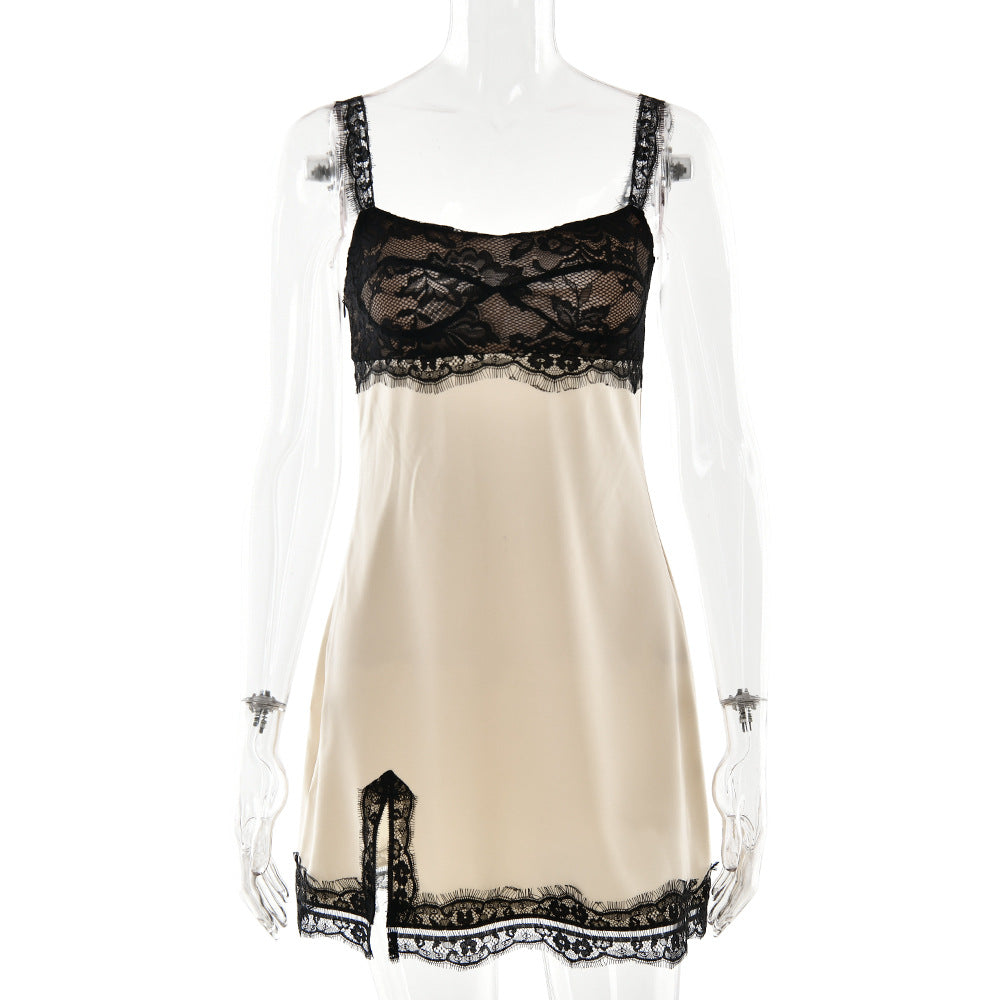 Satin Lace Trim Slip Dress – Side Slit Cami Lounge Dress for Women
