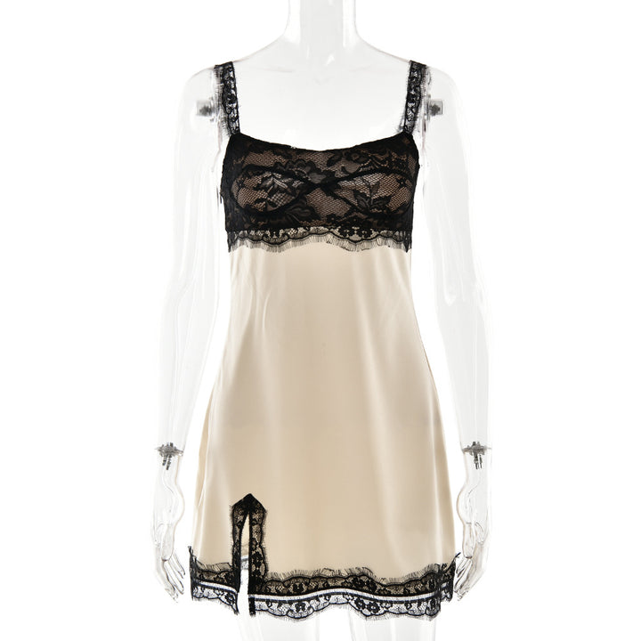 Satin Lace Trim Slip Dress – Side Slit Cami Lounge Dress for Women
