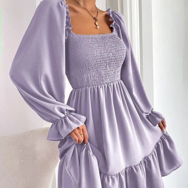 Women’s Square Neck Smocked Ruffle Hem Mini Dress