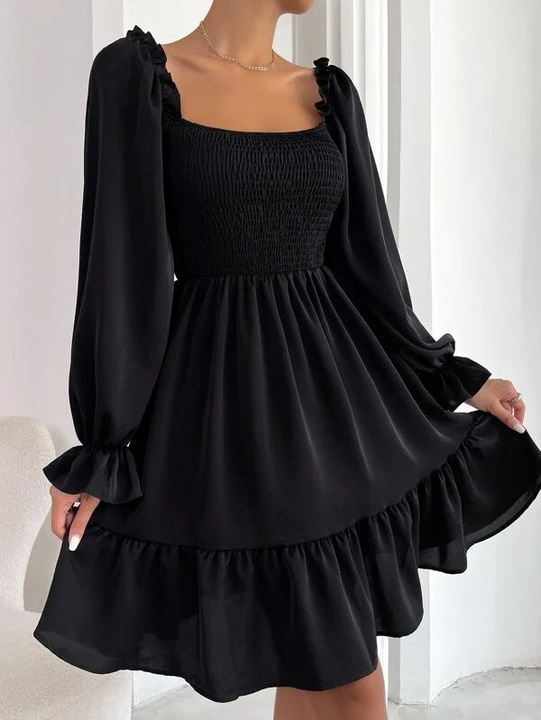 Women’s Square Neck Smocked Ruffle Hem Mini Dress