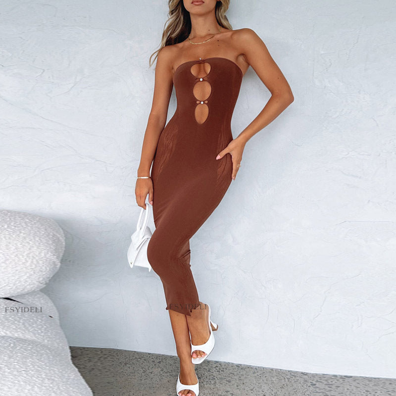 Strapless Sheer Mesh Maxi Dress – Beaded Cutout Bodycon Evening Dress for Women