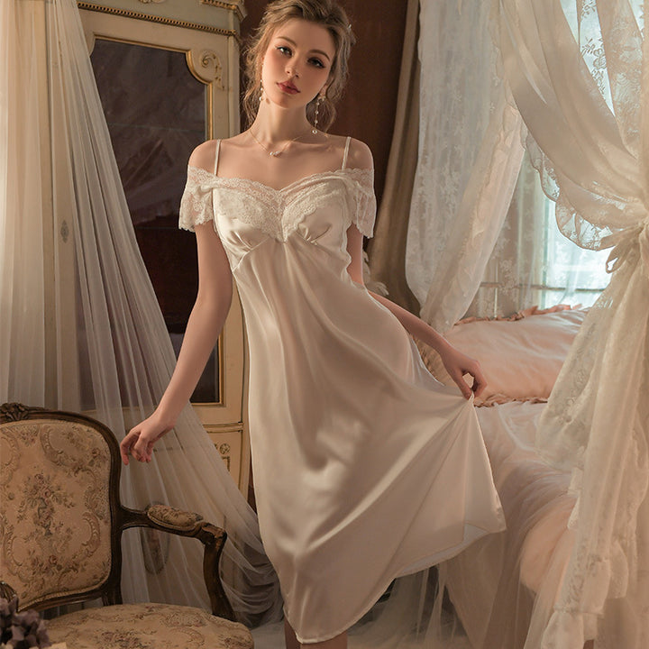 Halter Satin High-end Lace Long Nightgown