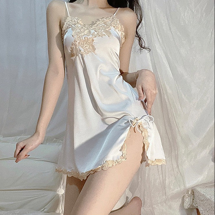 Sheer Lace Slip Dress – Spaghetti Strap High Slit Nightdress for Women