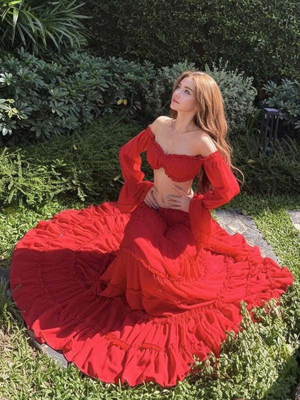 Women’s French Style Off Shoulder Two Piece Set – Beach Vacation Outfit
