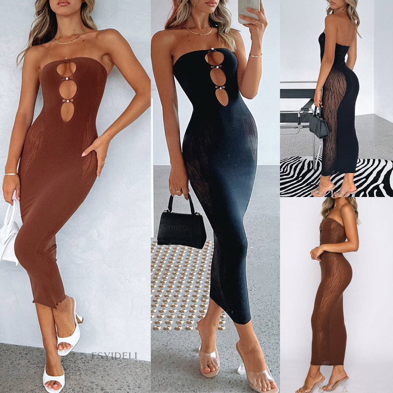 Strapless Sheer Mesh Maxi Dress – Beaded Cutout Bodycon Evening Dress for Women