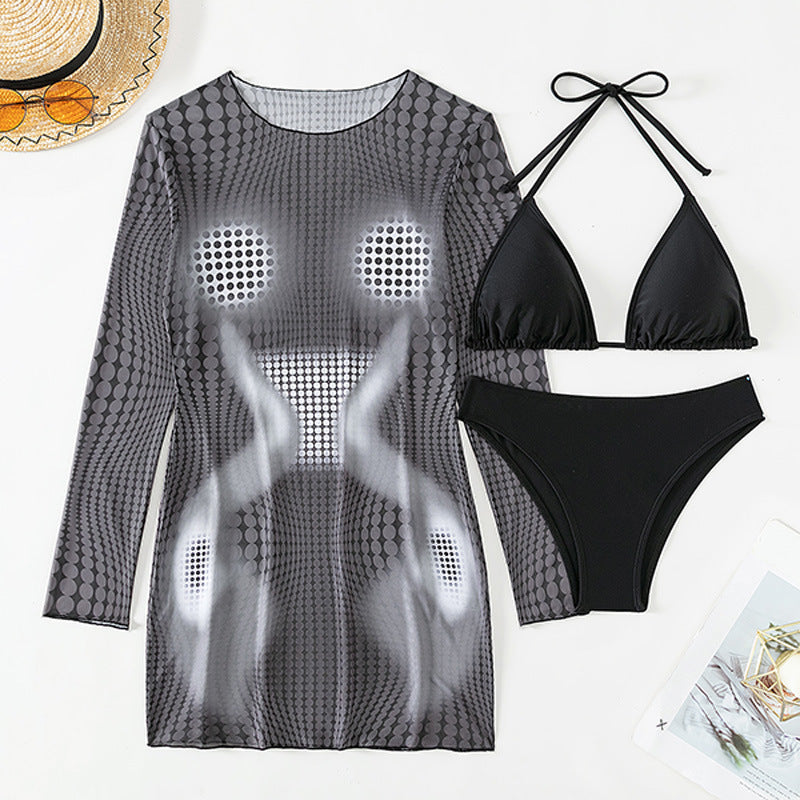 Printed Long Sleeve Sunscreen Beach Dress 3 Piece Set