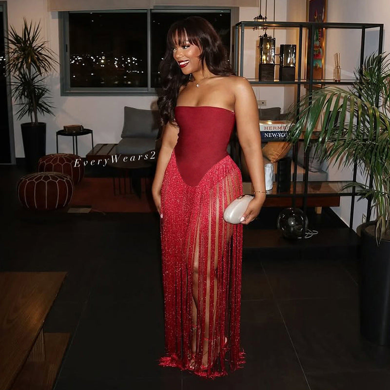 Women’s Strapless Fringe Bodycon Jumpsuit