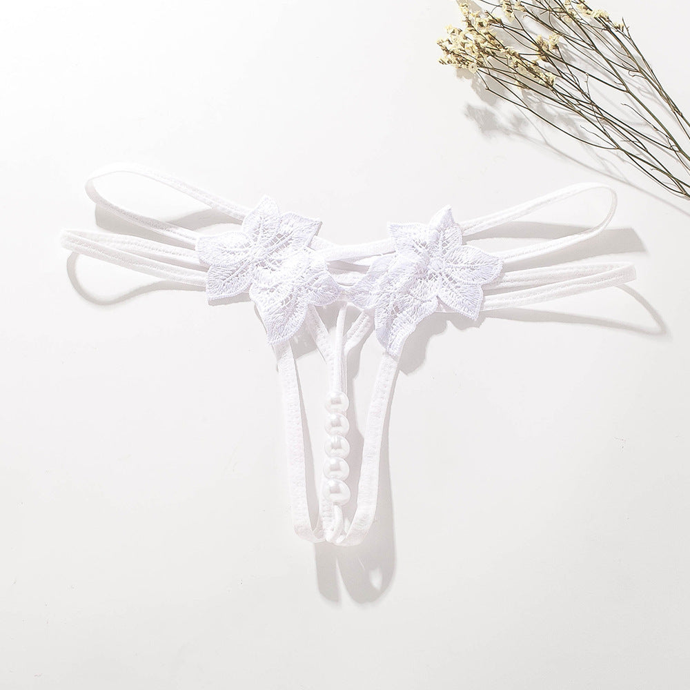 Embroidered Pearl Thong – Sheer Low-Rise Open Design Lingerie for Women