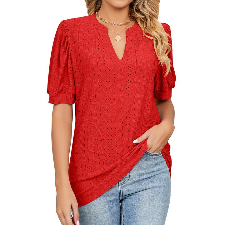 Eyelet V Neck Casual Blouse