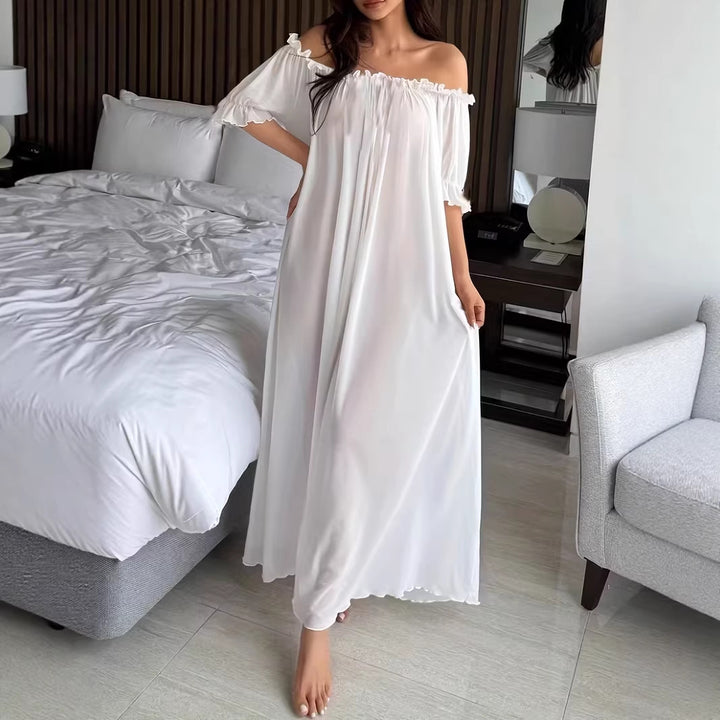 Sheer Mesh Maxi Nightdress – Ruffle Shoulder Elegant Sleep Dress for Women