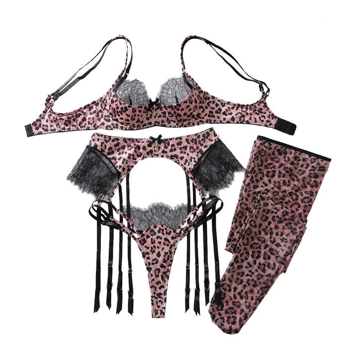 Leopard Lace Lingerie Set with Stockings – Sheer Strappy Statement Set for Women