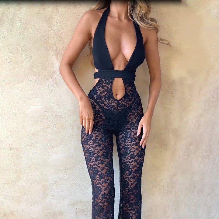 Skeleton Lace Slightly Flared One-piece Pants