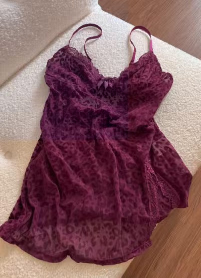 Leopard Mesh Nightdress Set – Sheer Slip Dress & Thong