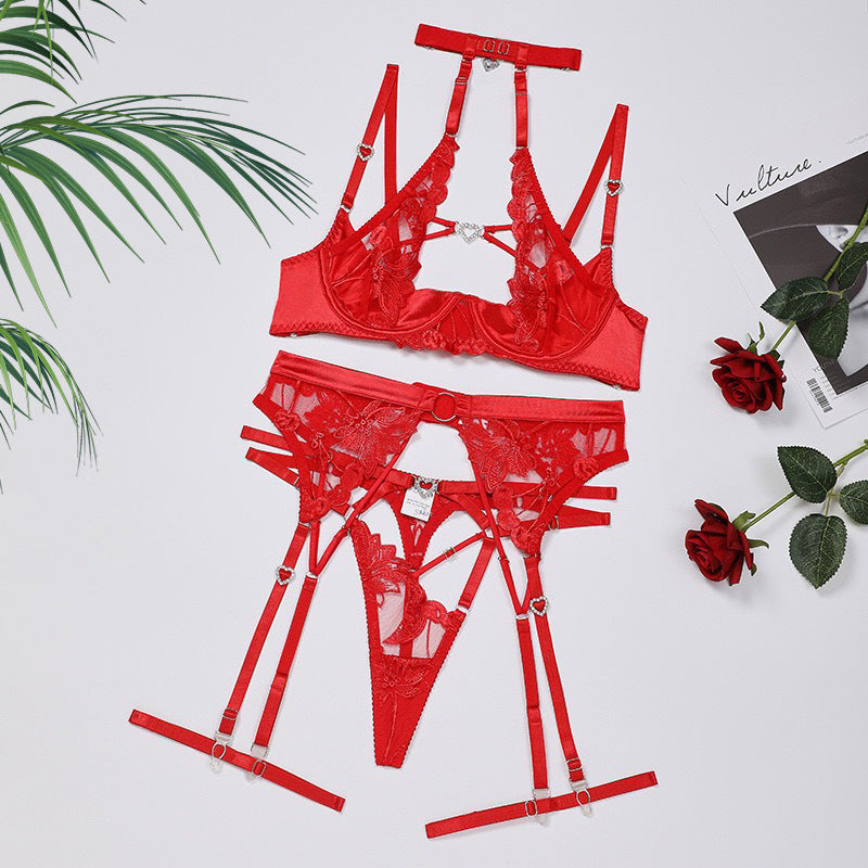 Embroidered Heart Lingerie Set – Rhinestone Halter Neck Sheer Lace Set for Women