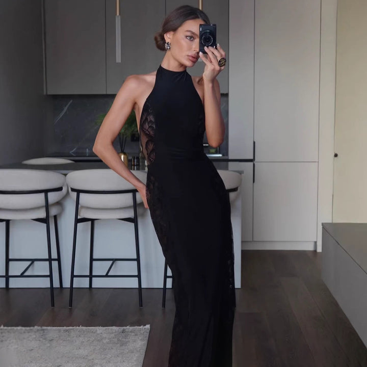 Sexy Halter Lace Sheer Dress – Backless Slim Fit Club Party Maxi Dress