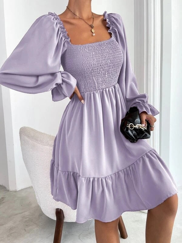 Women’s Square Neck Smocked Ruffle Hem Mini Dress
