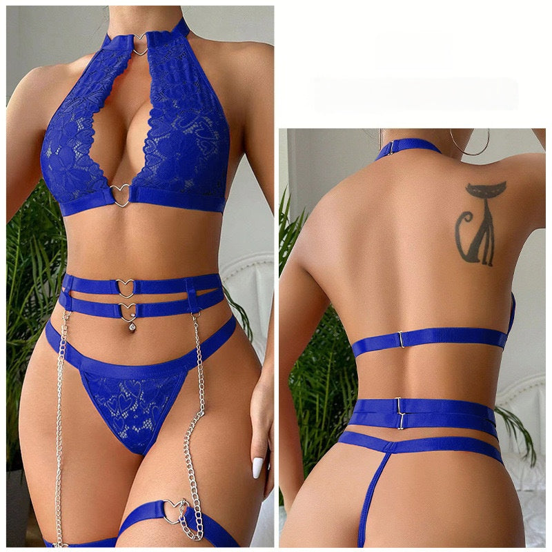 3-Piece Lace Lingerie Set with Heart Ring Links – Halter Bra, Thong & Chain Strap Harness