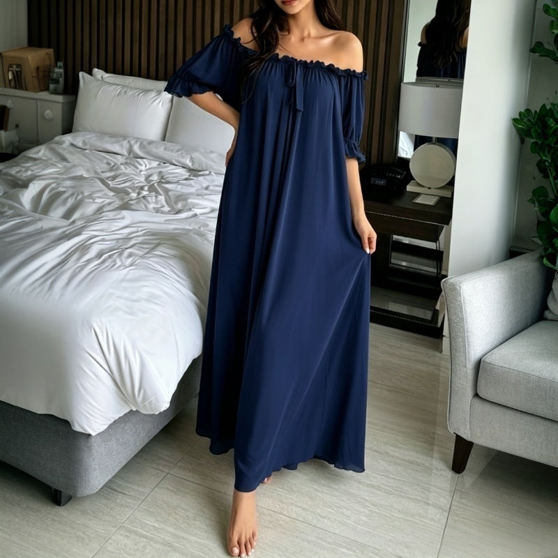 Sheer Mesh Maxi Nightdress – Ruffle Shoulder Elegant Sleep Dress for Women