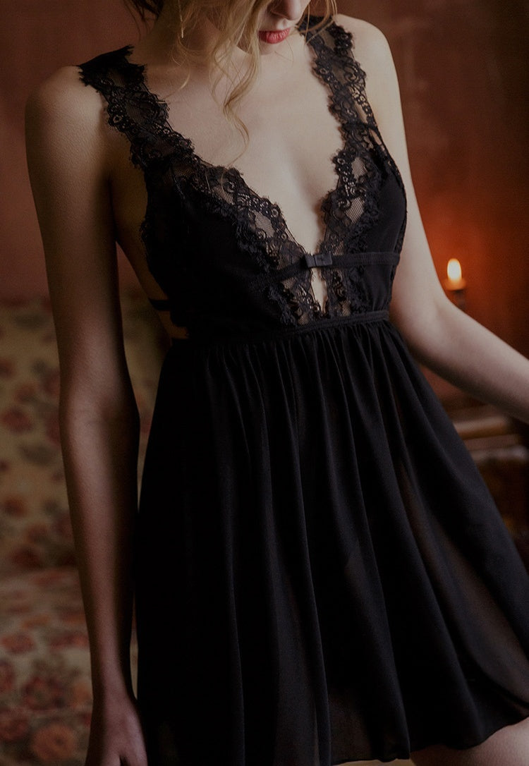 Backless Deep V Mesh Sleepwear Dress