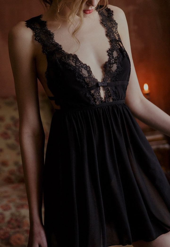 Backless Deep V Mesh Sleepwear Dress