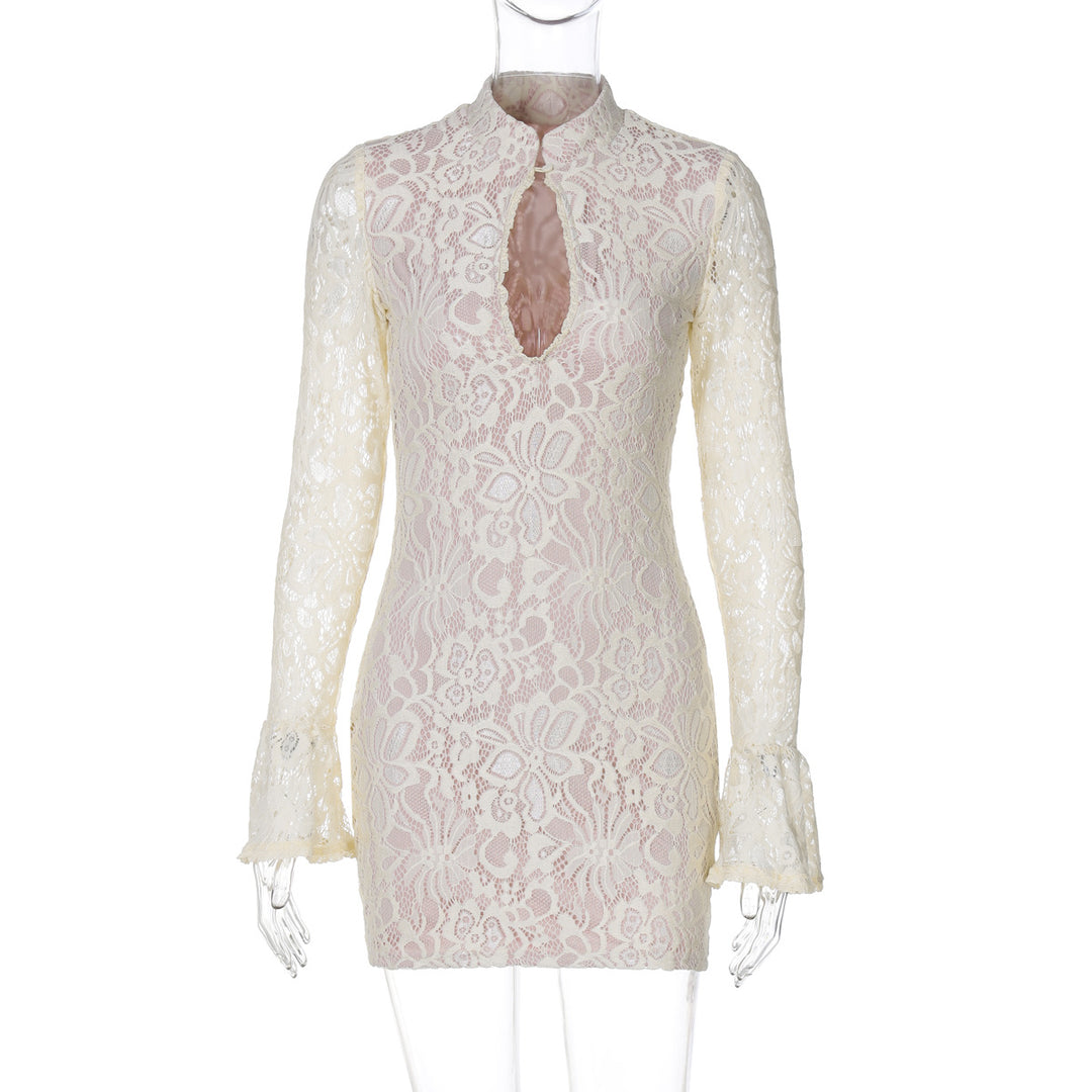 Elegant Lace Dress – Bell Sleeve Slim Fit Cutout Mini Dress