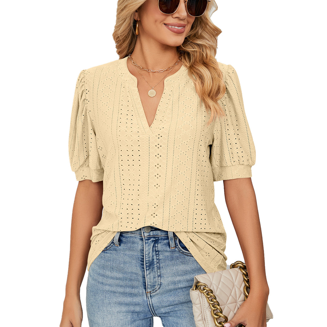 Eyelet V Neck Casual Blouse