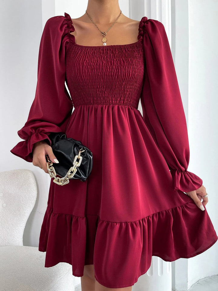 Women’s Square Neck Smocked Ruffle Hem Mini Dress
