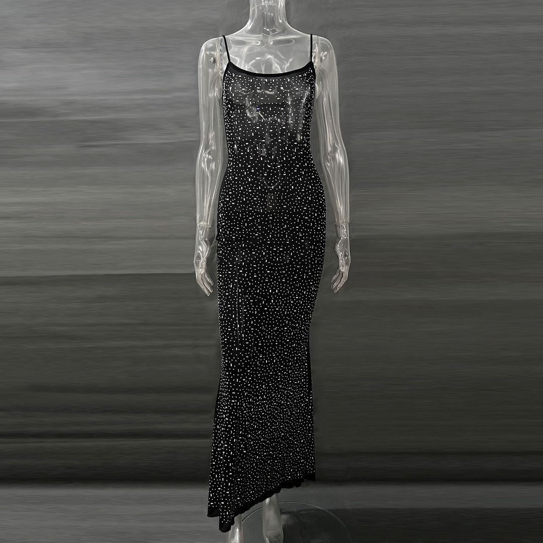Rhinestone Mermaid Maxi Dress – Glamorous Cami Evening Gown for Women