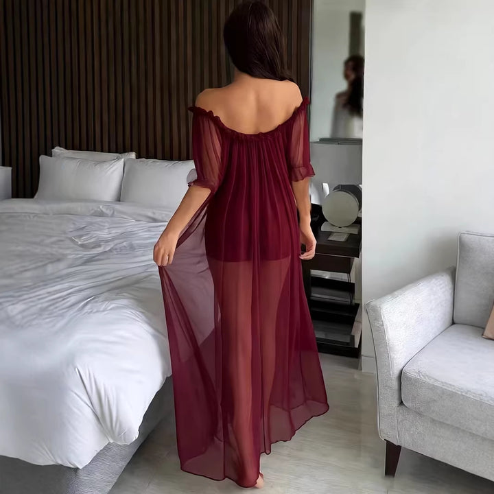 Sheer Mesh Maxi Nightdress – Ruffle Shoulder Elegant Sleep Dress for Women