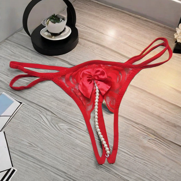 Women’s Lace Thong – Sheer Bow Pearl Detail Lingerie Panty