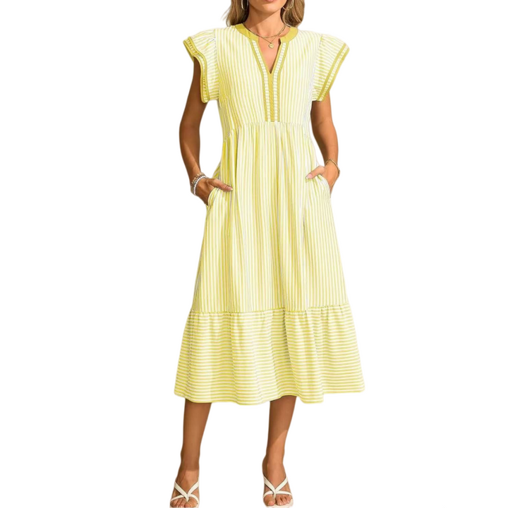 Striped V-Neck Midi Dress with Pockets