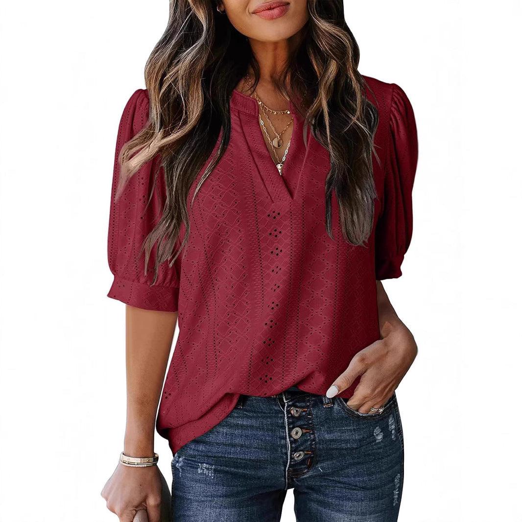 Eyelet V Neck Casual Blouse