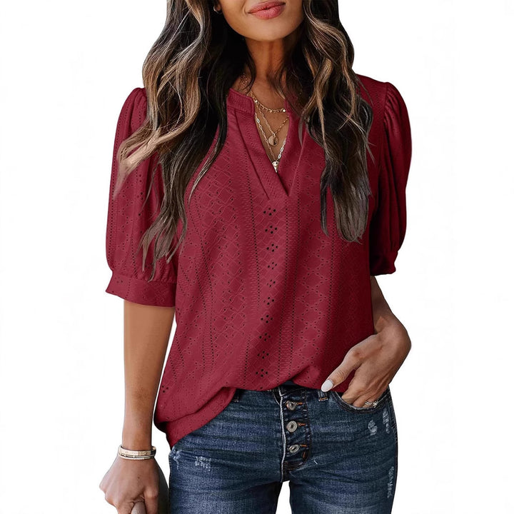 Eyelet V Neck Casual Blouse