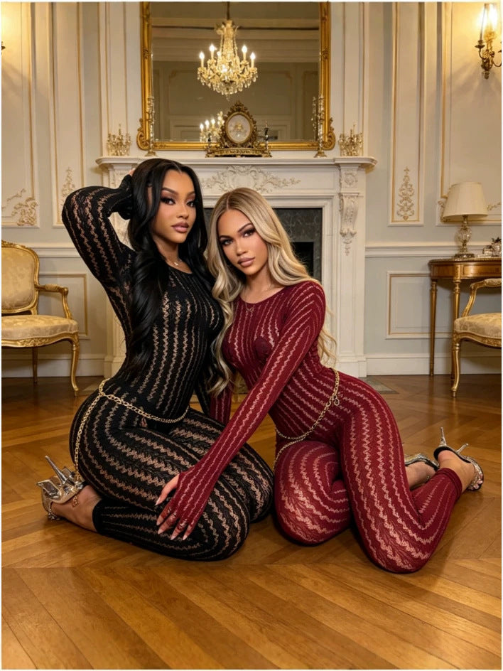 Sheer Seamless Jumpsuit – Long Sleeve Jacquard Bodycon One-Piece for Women