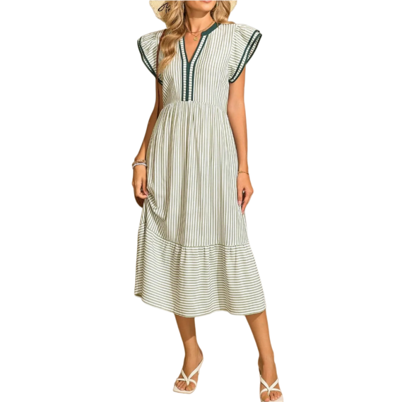 Striped V-Neck Midi Dress with Pockets