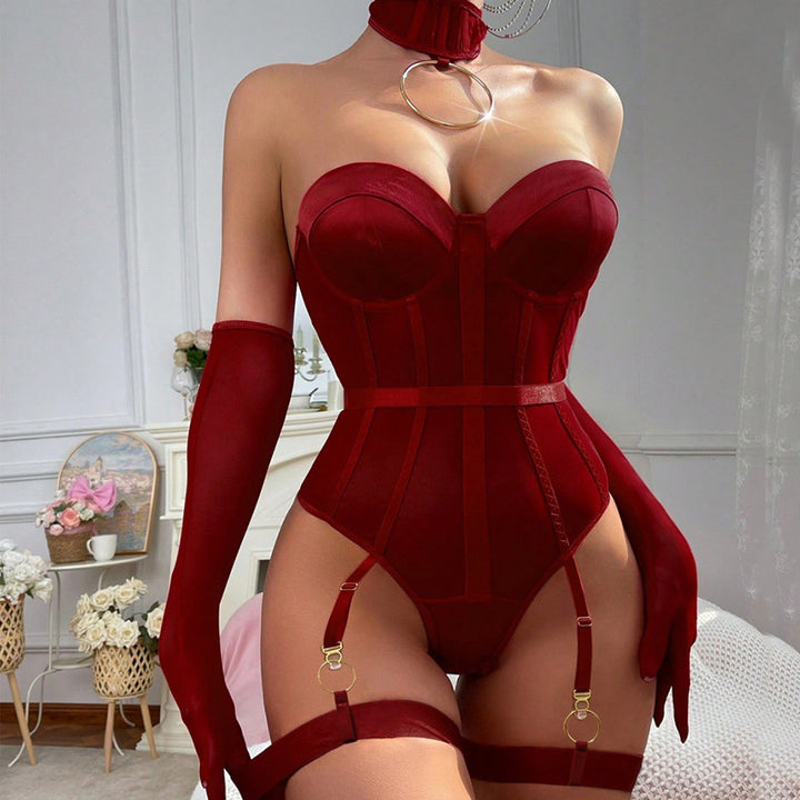Red Strapless Corset Bodysuit Set – Sheer Lace Lingerie with Garter & Choker