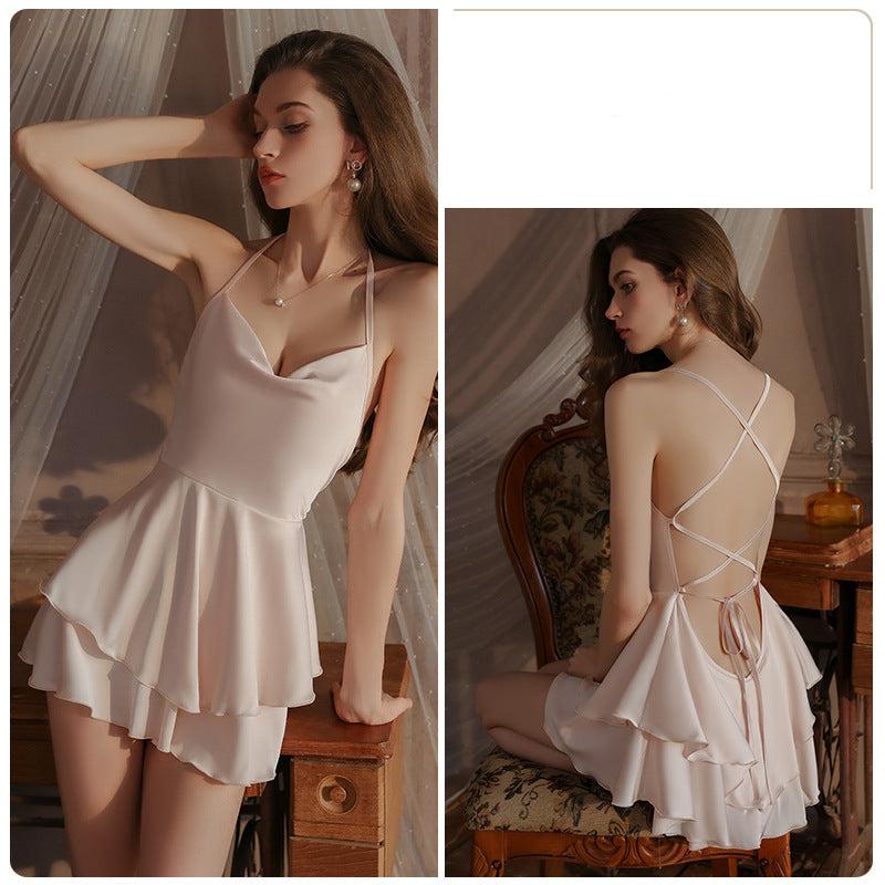 Sweet backless ice silk suspender nightdress