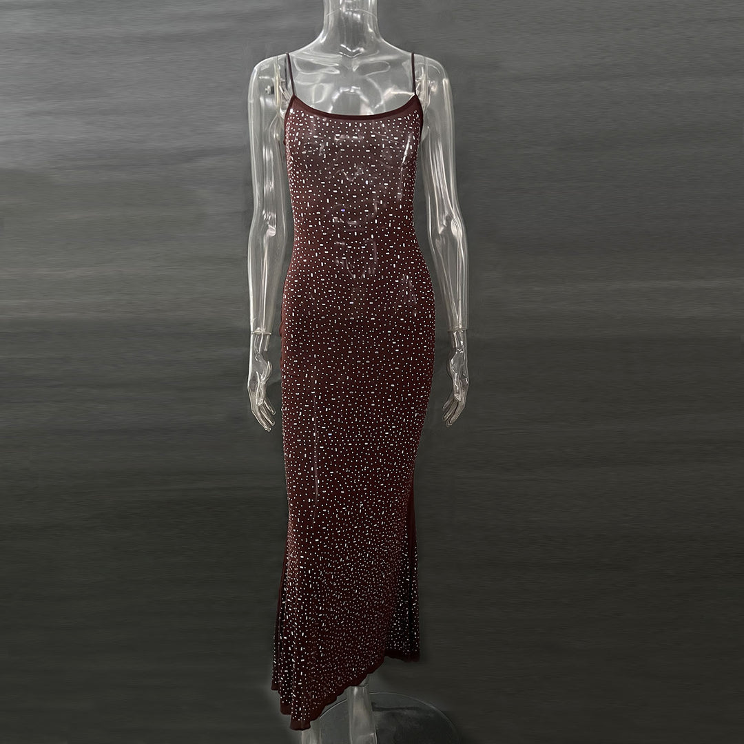 Rhinestone Mermaid Maxi Dress – Glamorous Cami Evening Gown for Women