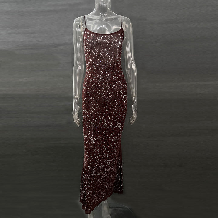 Rhinestone Mermaid Maxi Dress – Glamorous Cami Evening Gown for Women